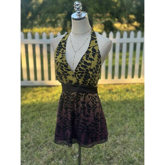Express Y2K Silk Halter Top Lime Green Purple Ombré Tropical Leaf Blouse Sz 10 - Picture 15 of 16